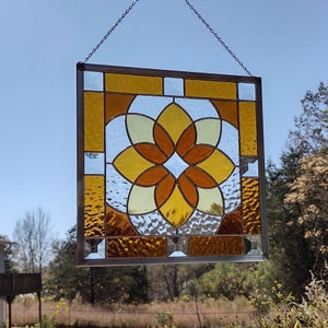 Shades of Amber Beveled Stained Glass Geometric Starburst Design Hanging Panel image 7