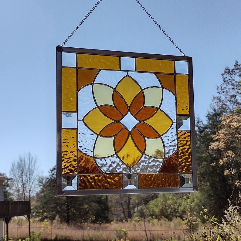 Shades of Amber Beveled Stained Glass Geometric Starburst Design Hanging Panel image 7