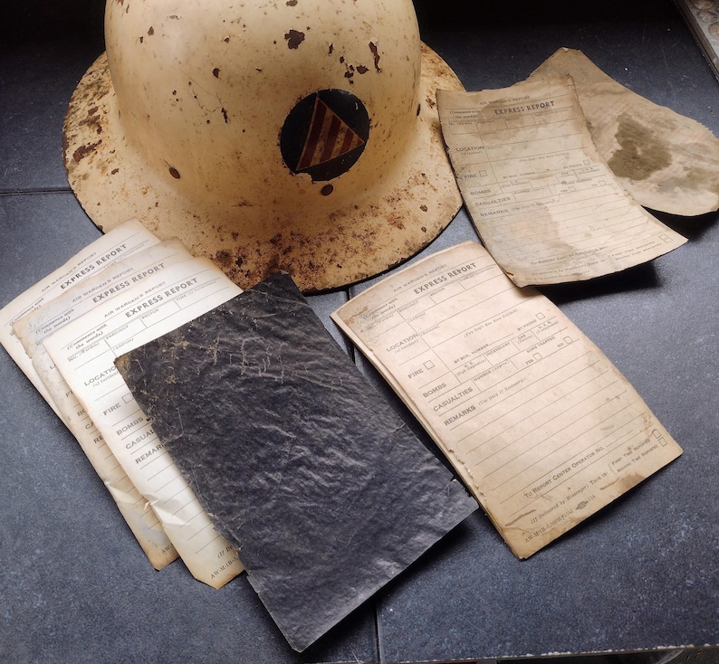WW2 Era US Civil Defense Steel Helmet with Air Warden Reporting Documents