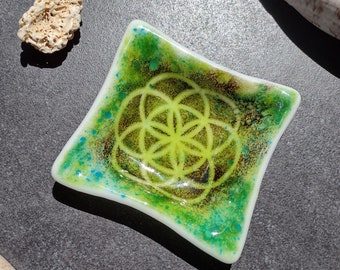 Small square flower of life sacred geometry fused glass ring trinket dish