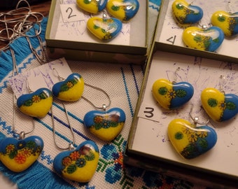 Blue and Yellow fused glass Hearts for Ukraine with flowers and leaves earrings and pendants sets