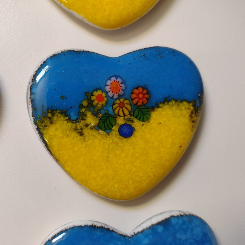 Yellow and Blue Fused Glass Hearts for Ukraine with flowers and leaves magnets Large #5
