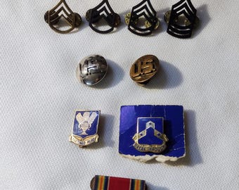 Vintage US Army Pin Badges: Sargent Ranks, Air Corp, WW2 Victory Ribbon