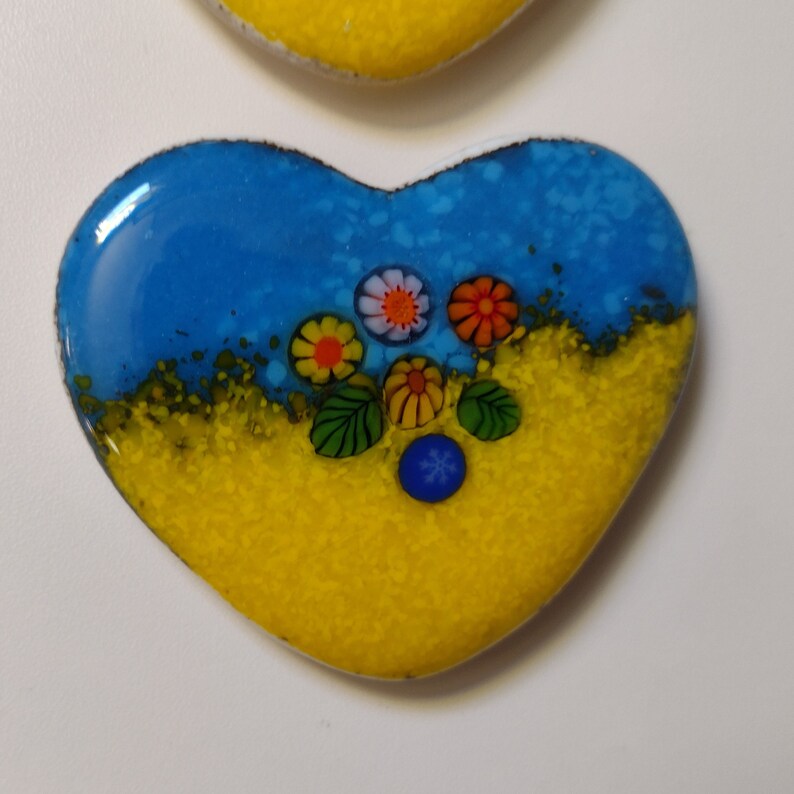 Yellow and Blue Fused Glass Hearts for Ukraine with flowers and leaves magnets Large #6