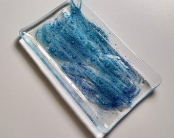 Turquoise and Blue Rectangular Ocean Inspired Bubble Glass Soap Dish Tray