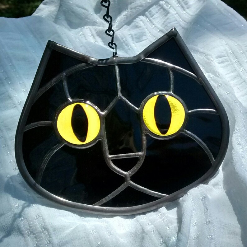 Stained Glass Black Cat Face Bright Yellow Eyes Suncatcher Etsy