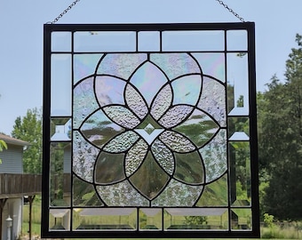 Clear Iridescent Beveled Stained Glass Geometric Starburst Design Hanging Panel