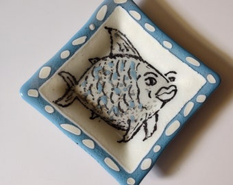Hand painted fused glass silly fish dish square bowl blue and ivory white