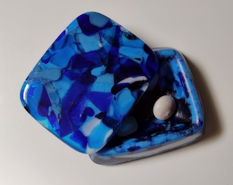 Blue and white fused glass box with lid