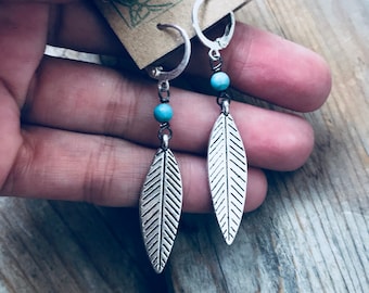 Silver Feather Earrings with Turquoise. Boho Earrings, Long Dangles,  Bohemian Jewelry, Hippie Earrings, Coachella Jewelry, Charm Earrings