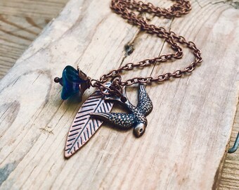 Copper Charm Necklace With Bird, Leaf and Blossom. Gifts Under 30 Woodland Flower Jewelry Fall Jewelry Leaf Necklace Statement Necklace