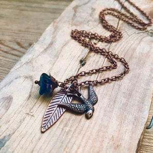 Copper Charm Necklace With Bird, Leaf and Blossom. Gifts Under 30 Woodland Flower Jewelry Fall Jewelry Leaf Necklace Statement Jewelry
