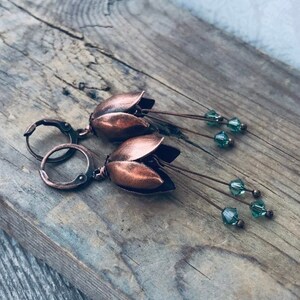 Copper Tulip Earrings. Seafoam Green Crystal Copper Jewelry Flower Jewelry Shabby Chic Bridal Jewelry Fairy Core Earrings Woodland