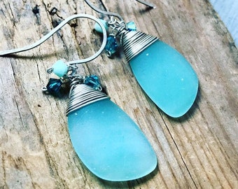 Pastel Aqua Sea Glass Earrings With Crystal Sterling Silver Eclipse Summer Jewelry Beach Glass Jewelry Beachy Earrings Beach Weddings