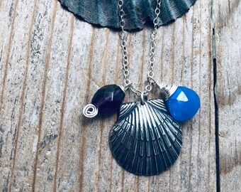 Silver Scallop Necklace With Amethyst and Chalcedony. Purple Necklace, Blue, February Birthstone, Gemstone Jewelry, Charm Necklace, Beachy