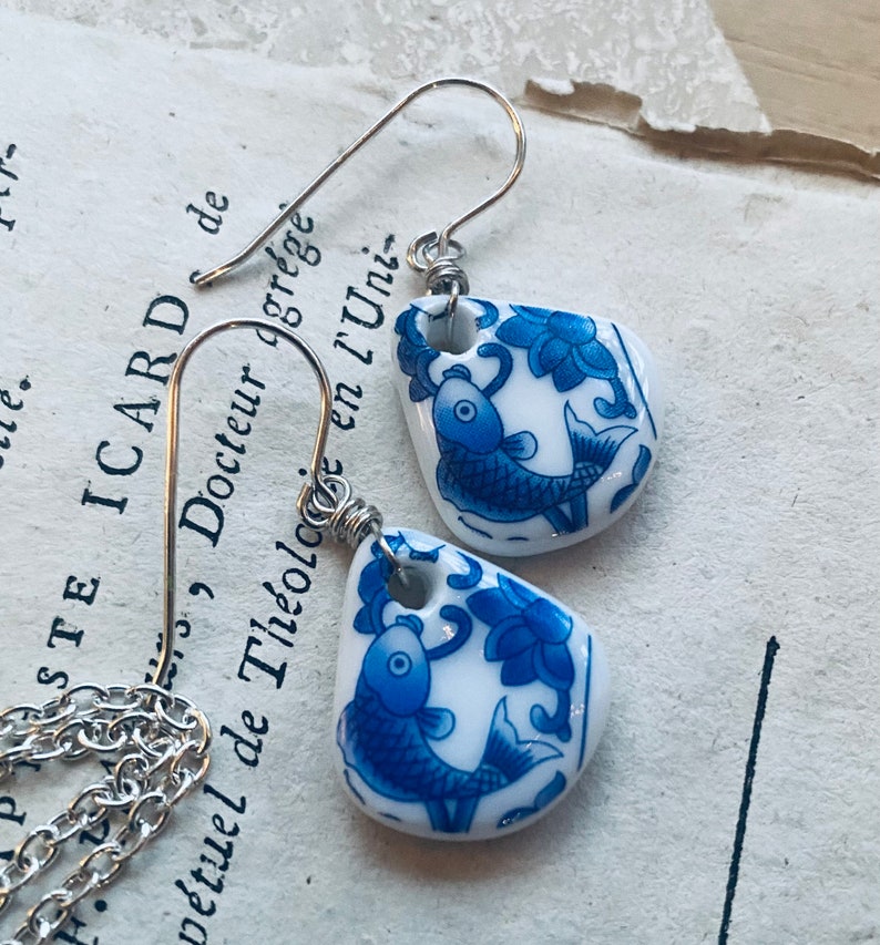 Blue China Necklace and Earring Set. Sterling Silver, Blue and White, Glass Jewelry, Cobalt Blue, Asian Style, Pendant Necklace, Recycled image 5