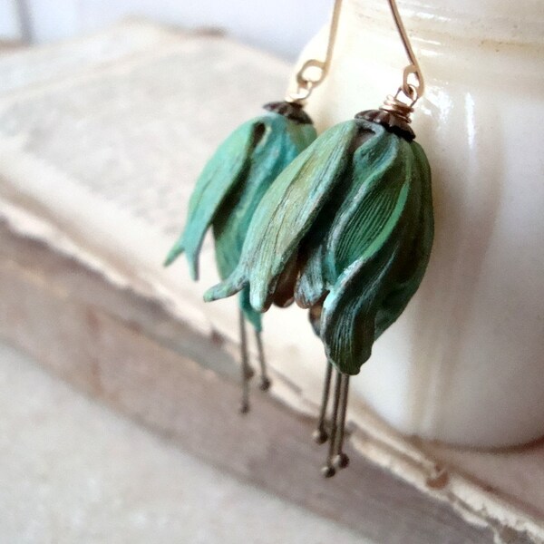 Green Tulip Flower Earrings - Large. Patina Brass Flower Jewelry Floral Mothers Day Spring Bridesmaid Gifts For Her Weddings Large Dangles