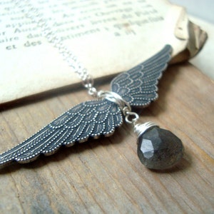 Winged Victory Necklace - Antiqued Silver and Rainbow Labradorite, Vintage Style Silver Angel Wing Necklace Art Nouveau Gifts Under 50