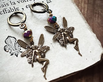 Fairy Earrings with Purple Crystal. Leverback Earrings Brass Jewelry Woodland Vintage Style Jewelry Fairycore Earrings Charm Jewelry