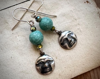 Silver Moon and Turquoise Earrings. Crystal Earrings Celestial Jewelry Charm Jewelry Silver Jewelry Moon Charms Boho Earrings Dangles