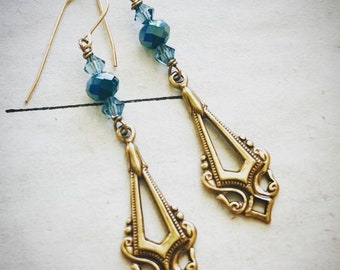 Art Nouveau Earrings with Blue Crystal Long Dangles Vintage Style Brass Earrings Gold Jewelry Gifts For Her Holiday Jewelry Fantasy Jewelry