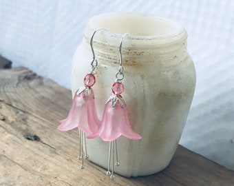 Pink Lucite Blossoms Earrings With Crystal Silver Easter Spring Flower Jewelry Holiday Bridal Bridesmaid Floral Jewelry Mothers Day Gifts