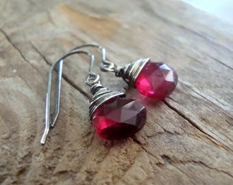 Pink Quartz Teardrop Earrings Faceted Gemstone Oxidized Sterling Wire Wrapped December Birthstone Gifts Under 40 Modern Bridesmaid