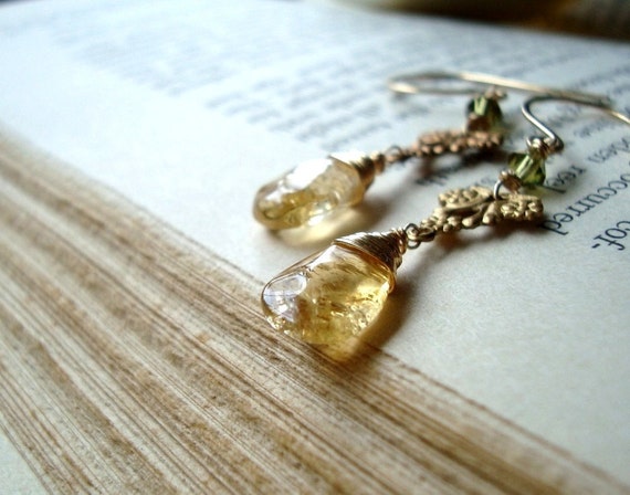 Citrine Earrings - Reverie. Vintage Style Brass November Birthstone Citrine Jewelry Gemstone Jewelry Art Nouveau Gold Gifts Under 50