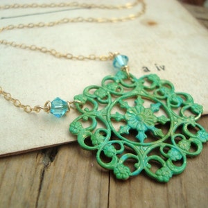 Green Filigree and Aqua Crystal Necklace. Hand Painted Brass Jewelry Vintage Style Mothers Day Necklace Bridesmaid Jewelry Art Nouveau Style