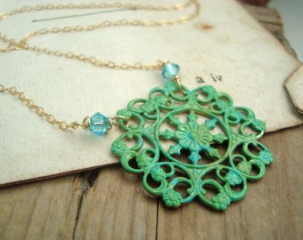 Green Filigree and Aqua Crystal Necklace. Hand Painted Brass Jewelry Vintage Style Mothers Day Necklace Bridesmaid Jewelry Art Nouveau Style