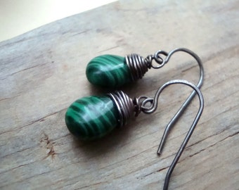 Forest Green Malachite Earrings Wire Wrapped Oxidized Sterling Silver Gemstone Jewelry Fall Fashion Dark Green Autumn Jewelry