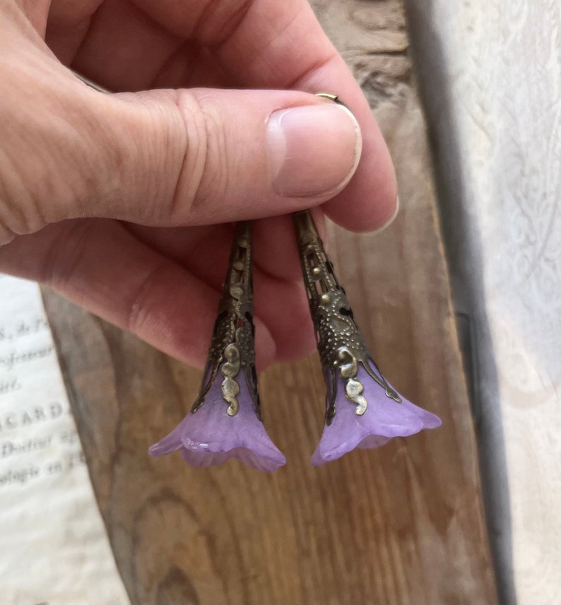 Purple Flower Earrings. Antiqued Brass Earrings, Spring Jewelry, Floral Earrings, Fairy Core, Bridesmaid Earrings, Easter Jewelry, Boho image 3