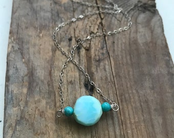 Blue Opal and Turquoise Necklace, Sterling Silver Pendant October Birthstone Ocean Blues Gifts Under 50 Gemstone Jewelry Aqua Blue