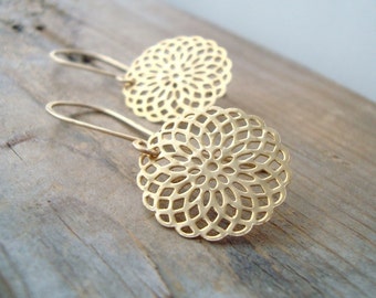 Gold Mandala Earrings. Metalwork Zen Jewelry Yoga Jewelry Asian Style Modern Long Dangles Gifts For Her Mothers Day Gifts Serenity Jewelry