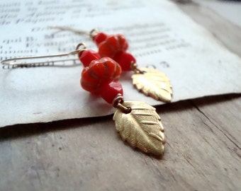 Tomato Red Glass and Brass Leaf Earrings Gold Fall Fashion Holiday Jewelry Nature Inspired Vintage Style Leaf Jewelry Gifts Under 30