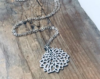 Small Silver Chrysanthemum Necklace. Sterling Silver, Silver Flower, Asian Style, Zen Necklace, Flower Pendant, Silver Chain, Floral Charm