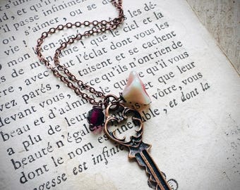 Copper Key Necklace With Crystal and Blossom. Flower Jewelry, Statement Necklace, Copper Necklace, Layering Necklace, Vintage Style