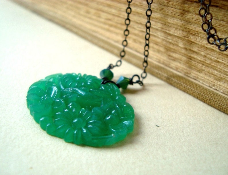 Collier cabochon en verre floral vert émeraude vintage mai pierre de naissance argent sterling fête des mères printemps vacances bijoux cadeaux de moins de 50 ans image 3