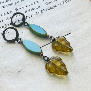 Aqua Glass and Green Leaf Earrings Dangles Glass Leaves Fall Fashion Nature Inspired Woodland Jewelry Gifts Under 30 Autumn