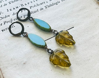 Aqua Glass and Green Leaf Earrings Dangles Glass Leaves Fall Fashion Nature Inspired Woodland Jewelry Gifts Under 30 Autumn