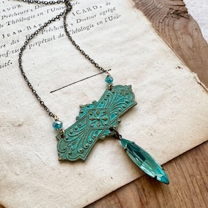Green Filigree and Aqua Crystal Necklace. Hand Painted Brass Jewelry Vintage Style Mothers Day Necklace Bridesmaid Jewelry Art Nouveau Style
