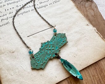 Green Filigree and Aqua Crystal Necklace. Hand Painted Brass Jewelry Vintage Style Mothers Day Necklace Bridesmaid Jewelry Art Nouveau Style