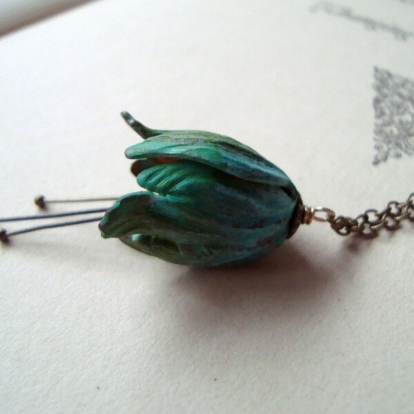 Green Tulip Necklace - Large. Patina Vintage Style Spring Jewelry Bridal Jewelry Gardening Bridesmaid Necklaces Mothers Day Jewelry Floral