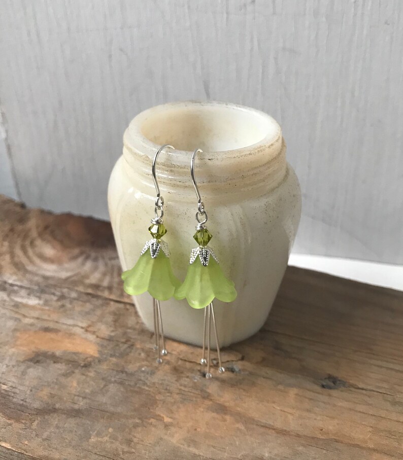 Lime Green Lucite Blossoms Earrings With Crystal Silver Green Flower Jewelry Holiday Bridal Bridesmaid Earrings Floral Jewelry Mothers Day image 4