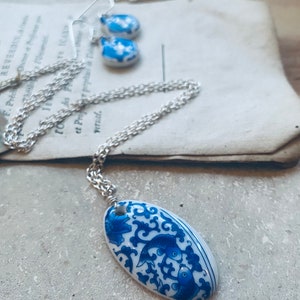 Blue China Necklace and Earring Set. Sterling Silver, Blue and White, Glass Jewelry, Cobalt Blue, Asian Style, Pendant Necklace, Recycled image 3