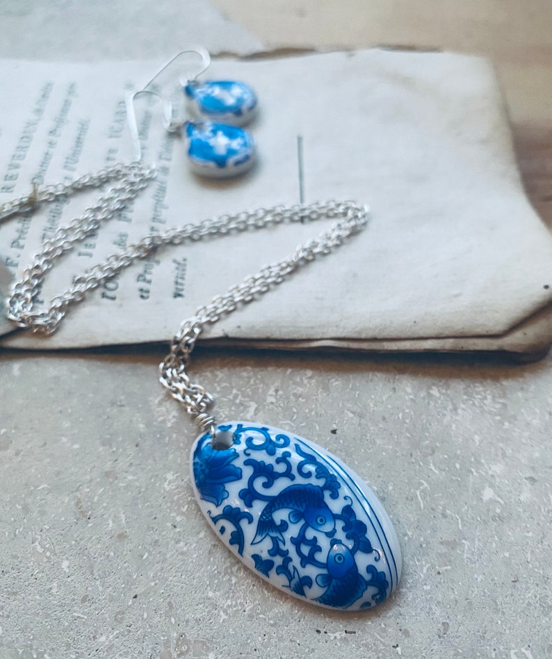 Blue China Necklace and Earring Set. Sterling Silver, Blue and White, Glass Jewelry, Cobalt Blue, Asian Style, Pendant Necklace, Recycled image 3