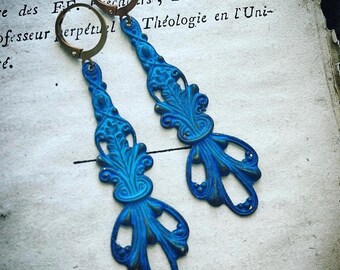 Blue Patina Earrings. Long Dangles, Ornate Earrings, Vintage Style, Art Nouveau, Cobalt Blue, Metal Earrings Costume Jewelry Period Earrings
