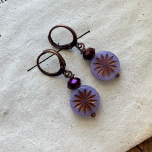 Purple Daisy Earrings with Crystal. Boho Earrings, Fall Jewelry, Nature Inspired, Woodland Jewelry, Gifts Under 30, Boho Flower Jewelry image 2