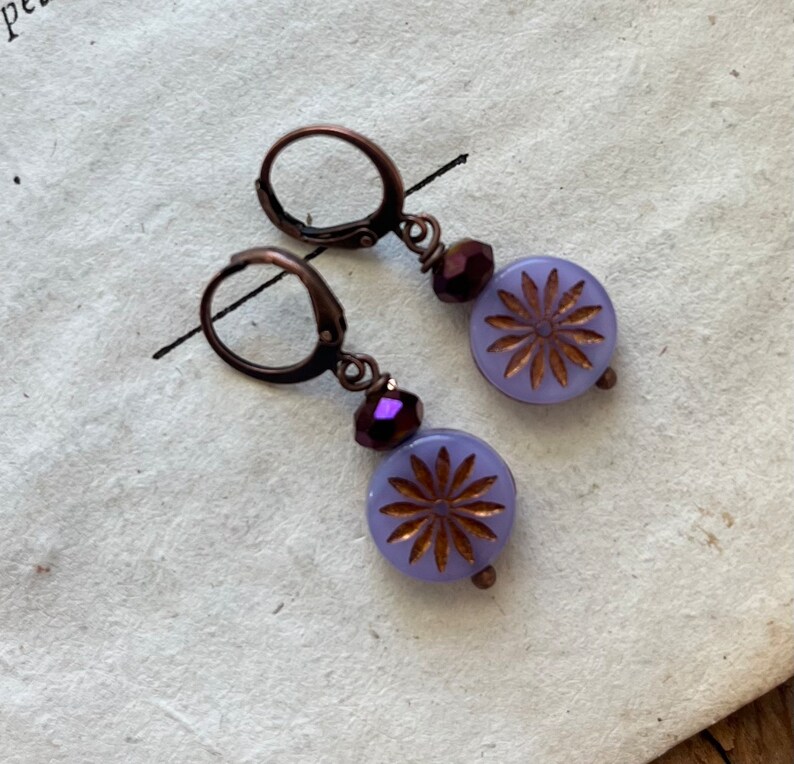 Purple Daisy Earrings with Crystal. Boho Earrings, Fall Jewelry, Nature Inspired, Woodland Jewelry, Gifts Under 30, Boho Flower Jewelry image 2