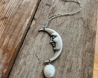 Silver Moon Necklace with Coin Pearl. Celestial Jewelry Charm Jewelry Gifts Under 40 Sterling Silver Jewelry Moon Pendant  Boho Style